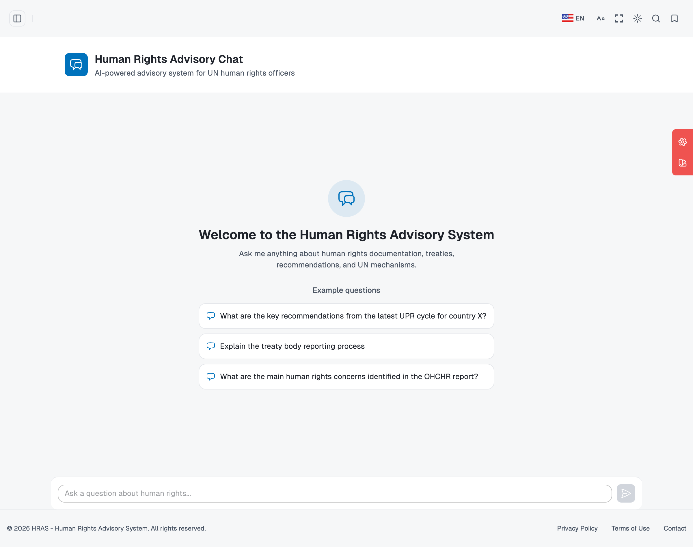 HRAS interface showing the Human Rights Advisory Chat and suggested questions
