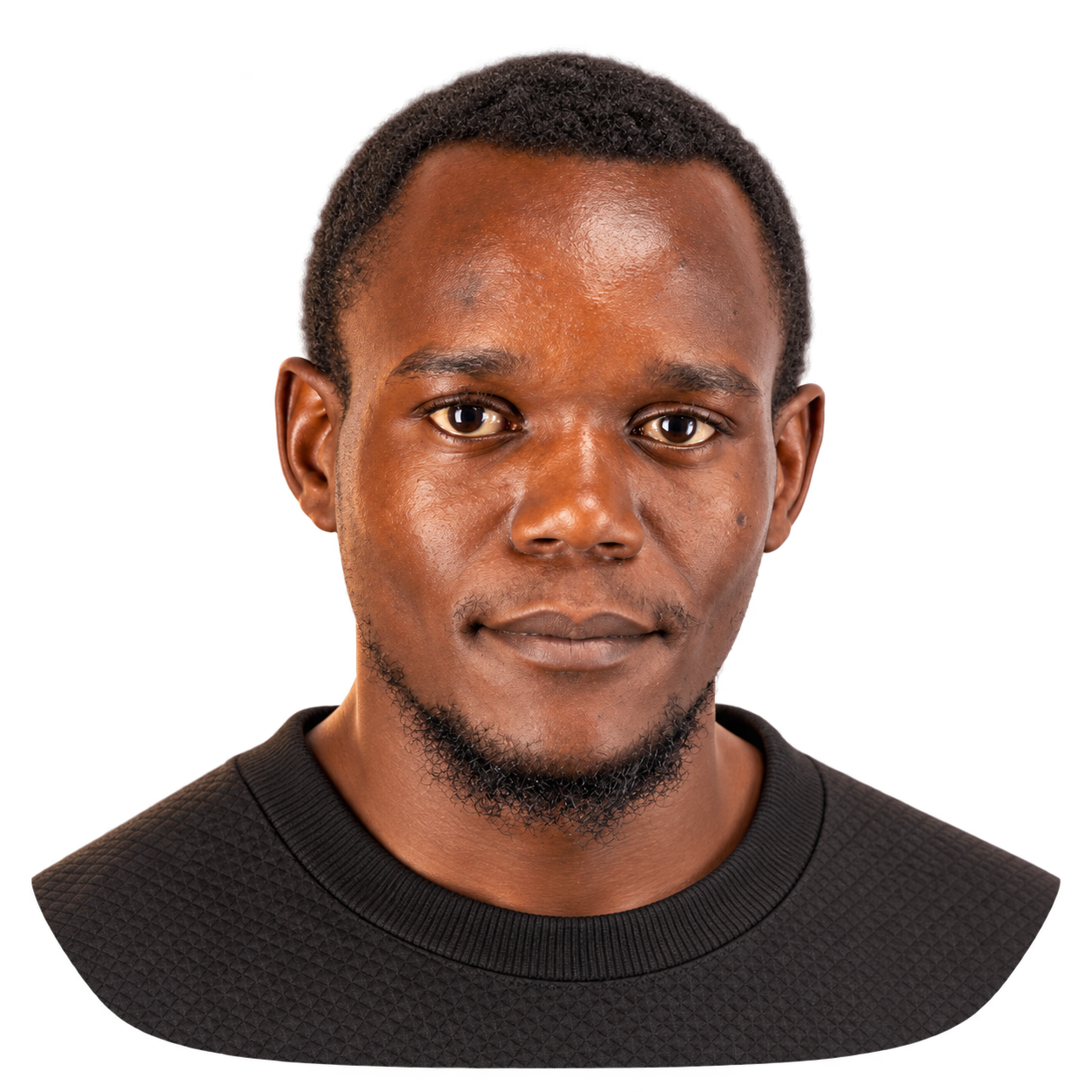 Owen Adirah, wearing a black crew-neck top