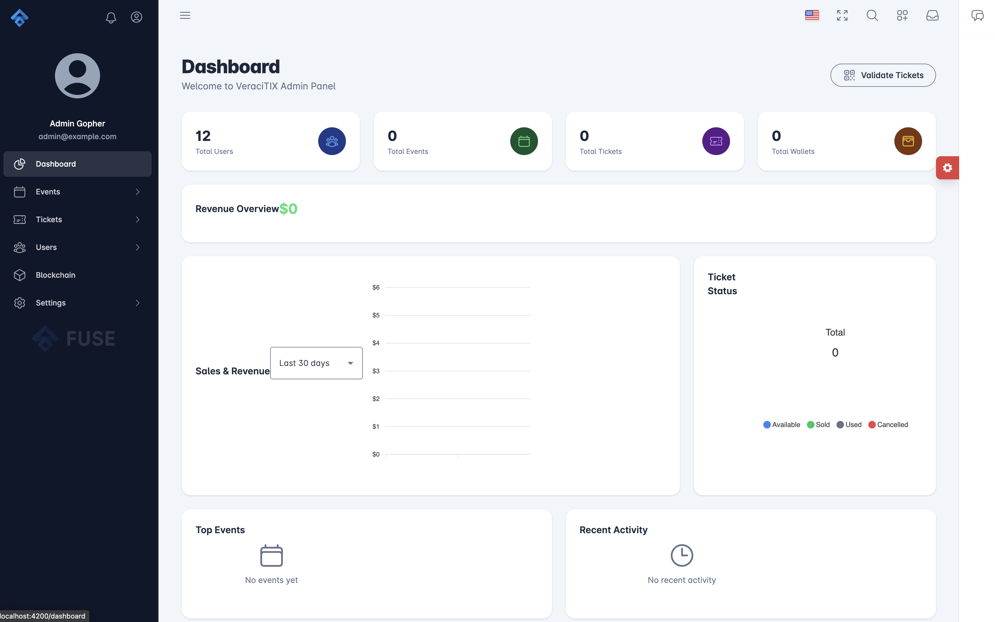 VeraciTIX administration dashboard showing ticket, event, wallet, and validation controls